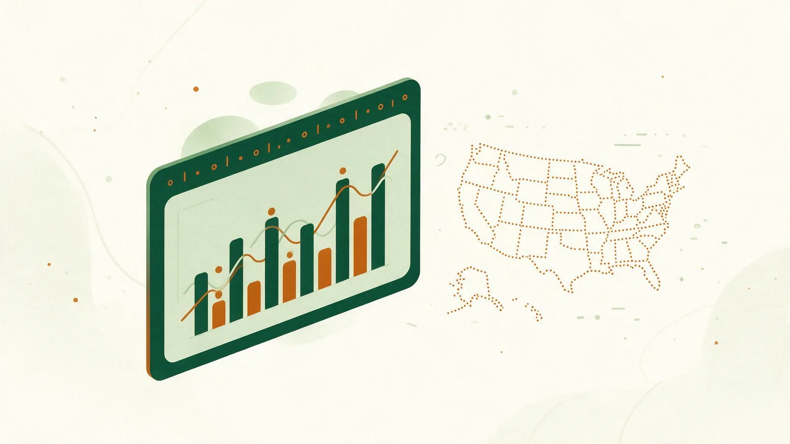 An isometric dashboard card showing a bar chart beside a dotted outline map of the United States