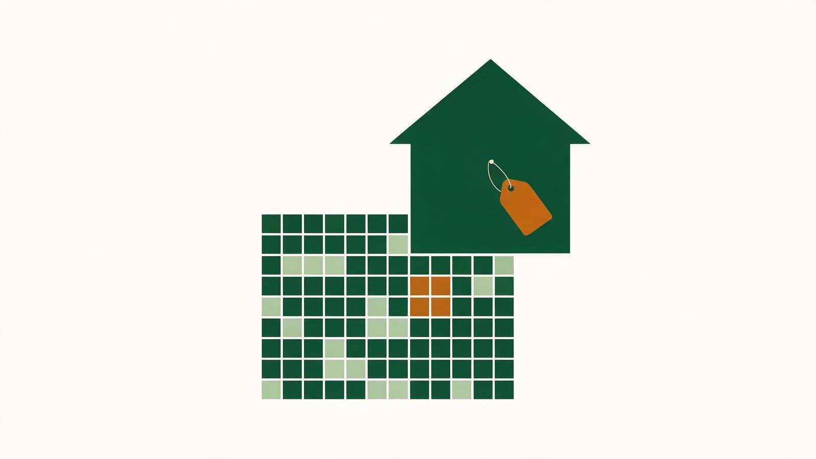 A house sitting on a grid of county squares shaded at different depths, with a price tag